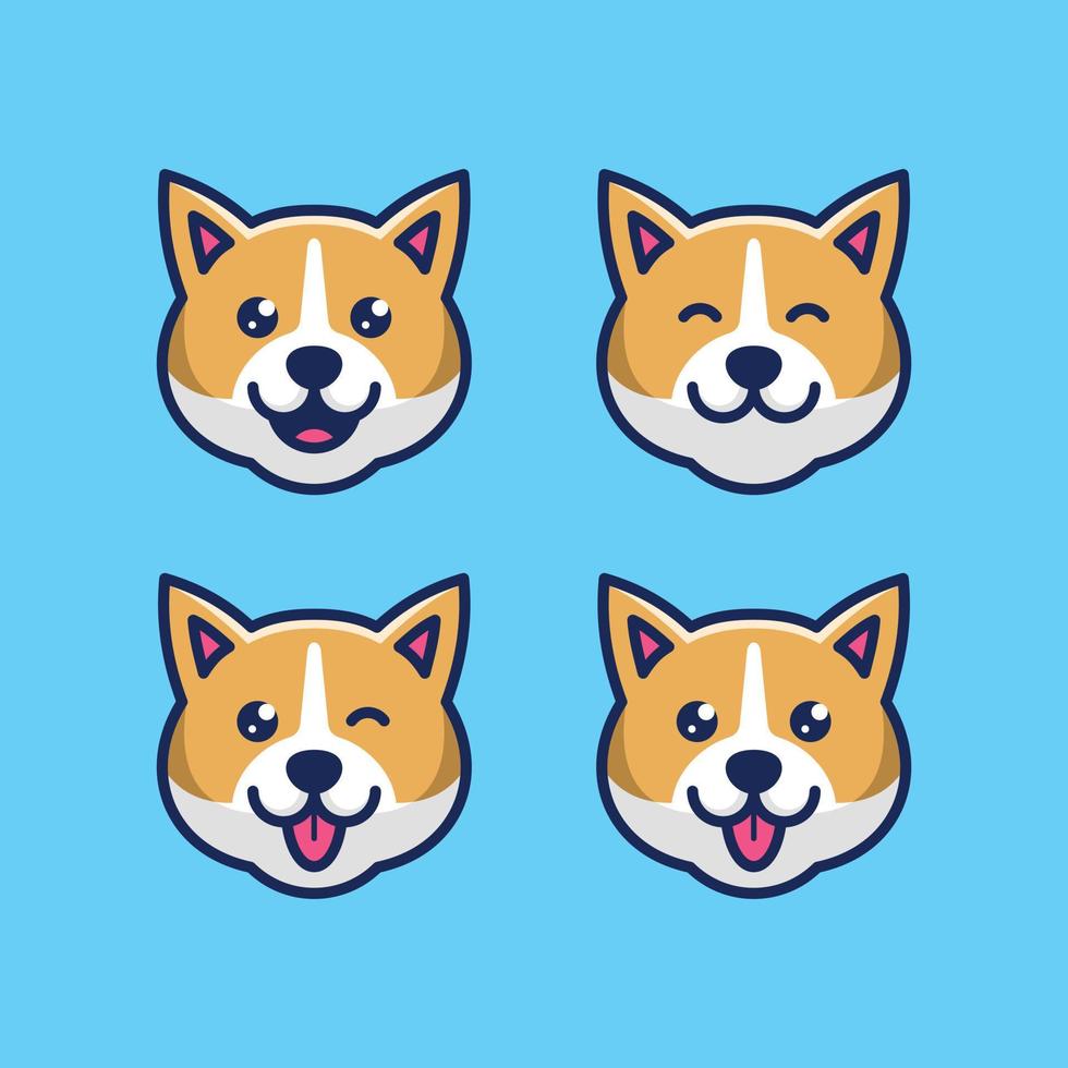 ange söt hund huvud ikon tecknad illustration med olika ansiktsuttryck vektor