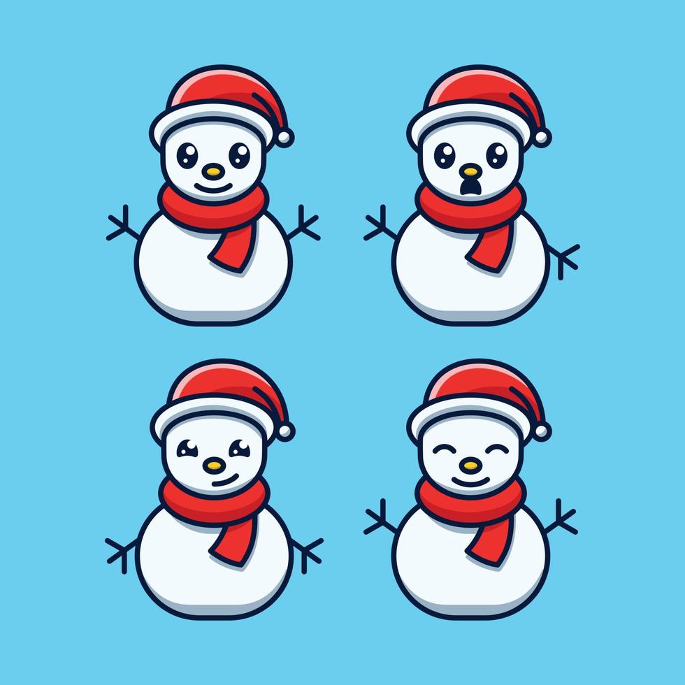 Stellen Sie süße Schneemann-Symbol-Cartoon-Illustration mit verschiedenen Gesichtsausdrücken ein und tragen Sie eine Weihnachtsmütze vektor