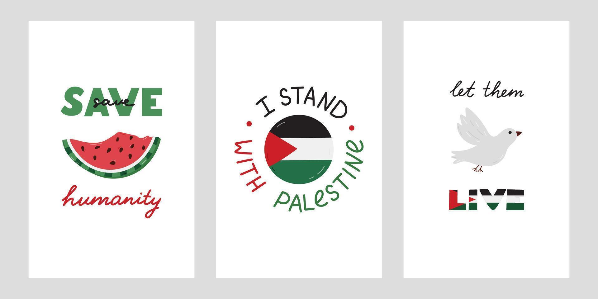 vi stå med palestina uppsättning av posters med text och enkel hand dragen ClipArt av gaza flagga, fred duva vattenmelon i de form av Karta av Israel och gaza. begrepp av stödjande palestina. vektor