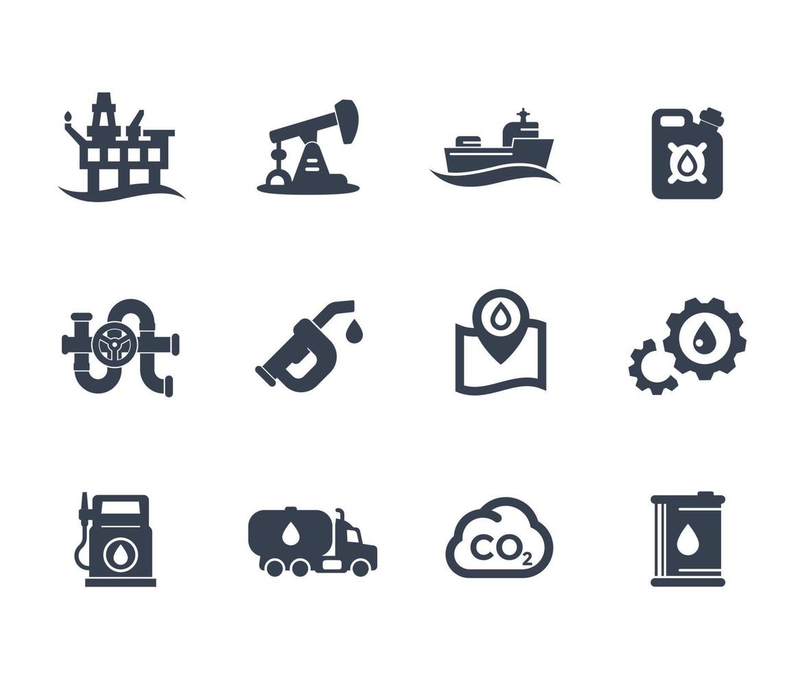 petroleumindustriikoner på vitt, bensinstation, bensinbehållare, bensinmunstycke, fat, oljeproduktionsplattform, rigg, borrtårn, tankfartyg vektor