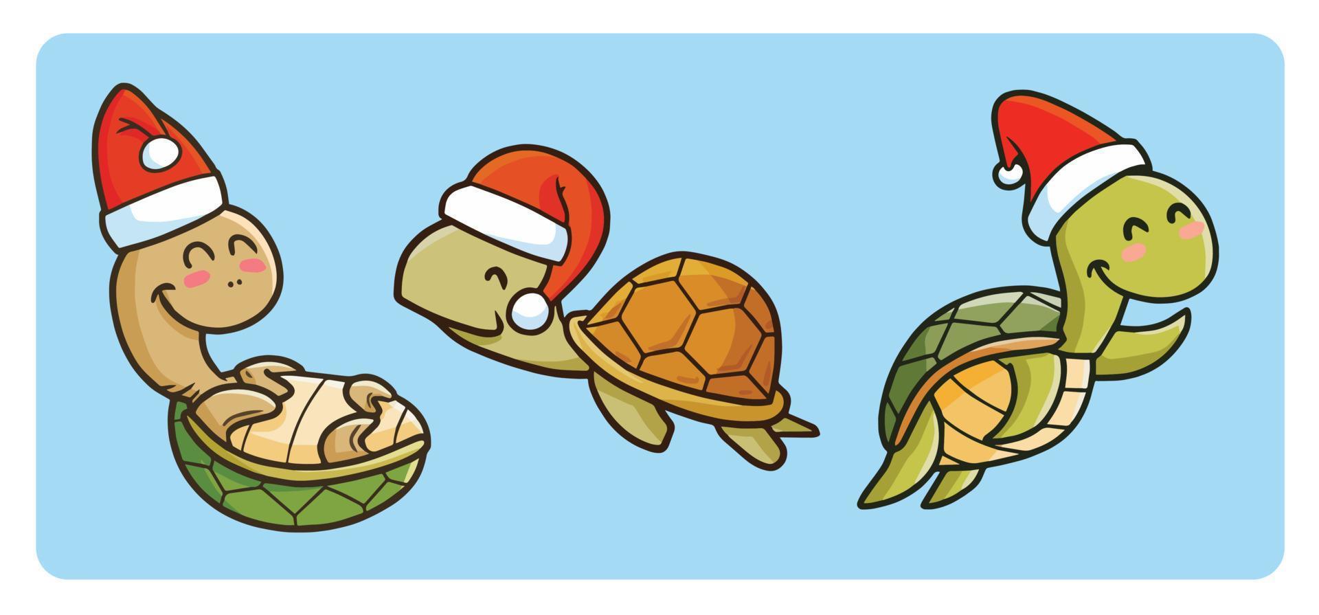 lustige und süße lächelnde Schildkröten mit Weihnachtsmütze für die Weihnachtsfeier vektor