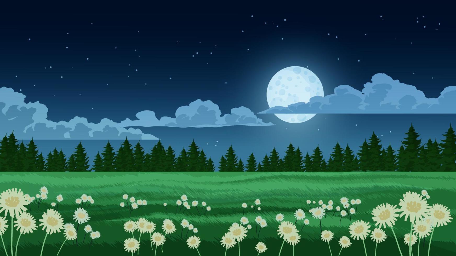 Wiesenlandschaft bei Nacht mit Vollmond, Wolken, Bäumen und Blumen vektor