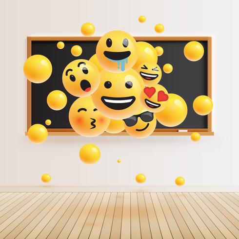 Olika realistiska smileys framför en tavla, vektor illustration