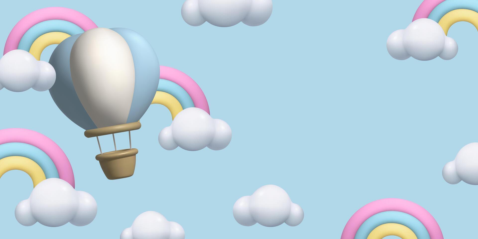 Kinder Hintergrund 3d Himmel mit Regenbögen Wolken Luft Ballon und Kopieren Raum zum Text vektor