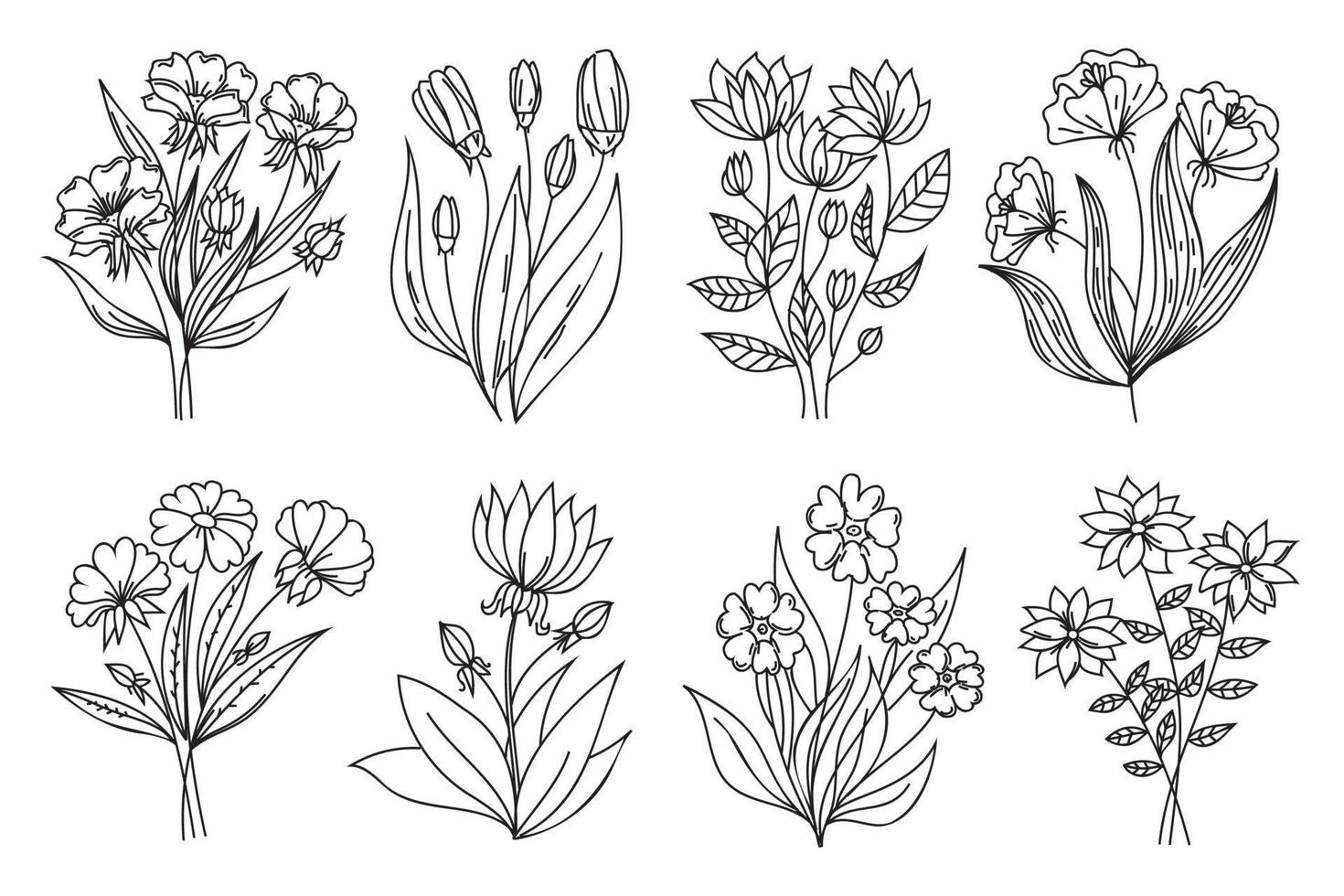 svart kontur, konturblommor, linjekonstdesign. hand ritstil, doodle konst, svart tunn linje blommor isolerad på vit bakgrund... linjär blommig set. vektor