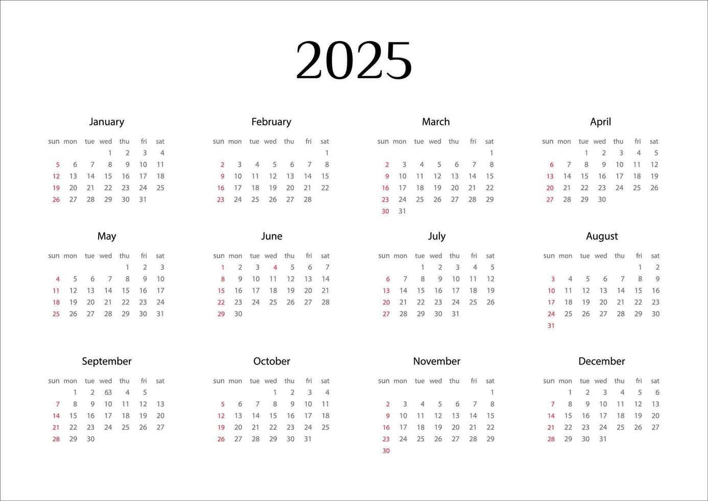 kalender 2025, de början av de vecka söndag, , layout av arrangörer med 12 månader i engelsk. vektor