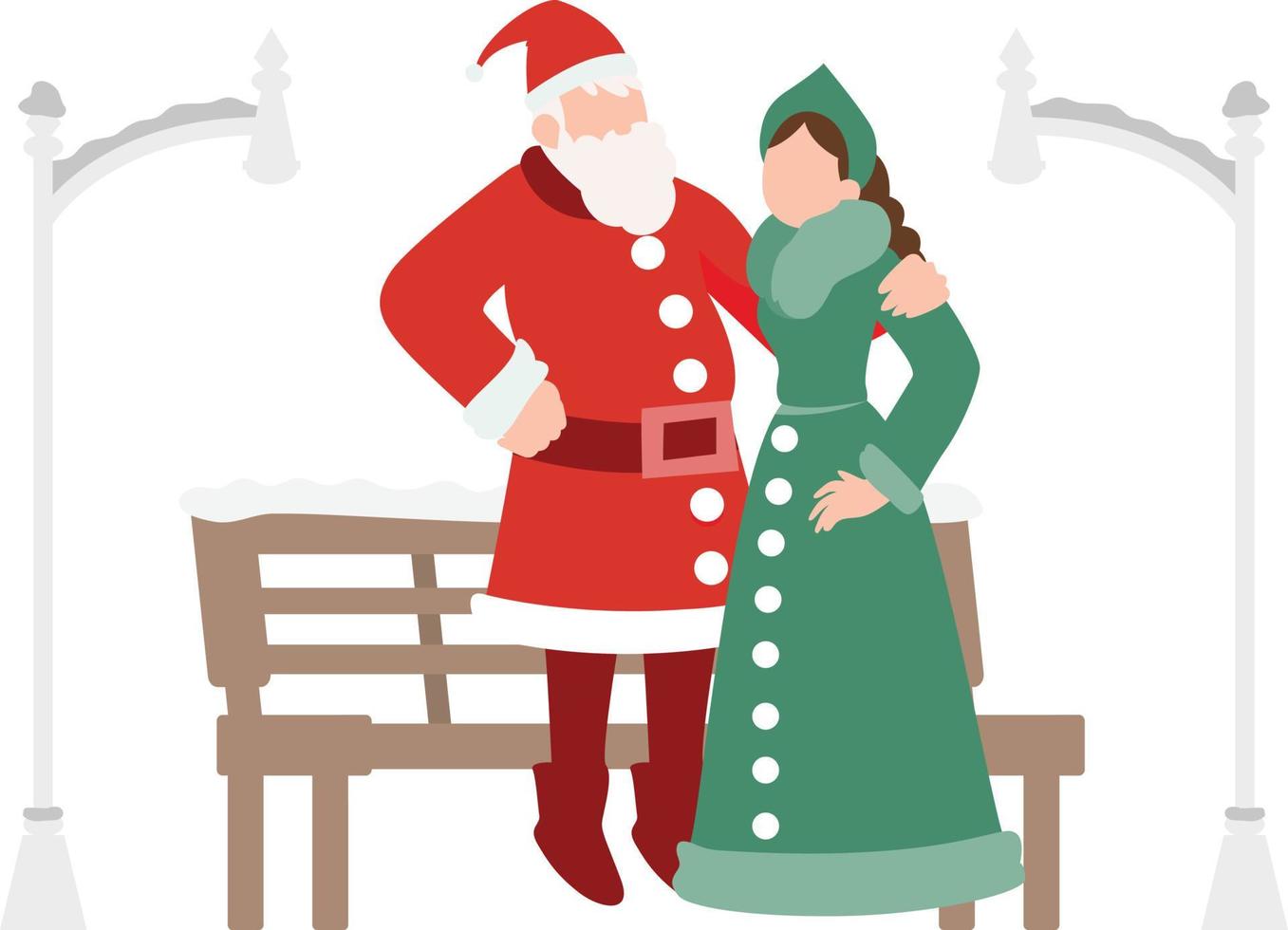ein Weihnachtsmann mit einem Mädchen, das an Weihnachten in der Nähe einer Bank steht. vektor