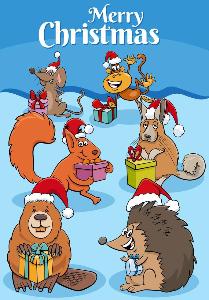 gratulationskort illustration med tecknade djur med julklappar vektor