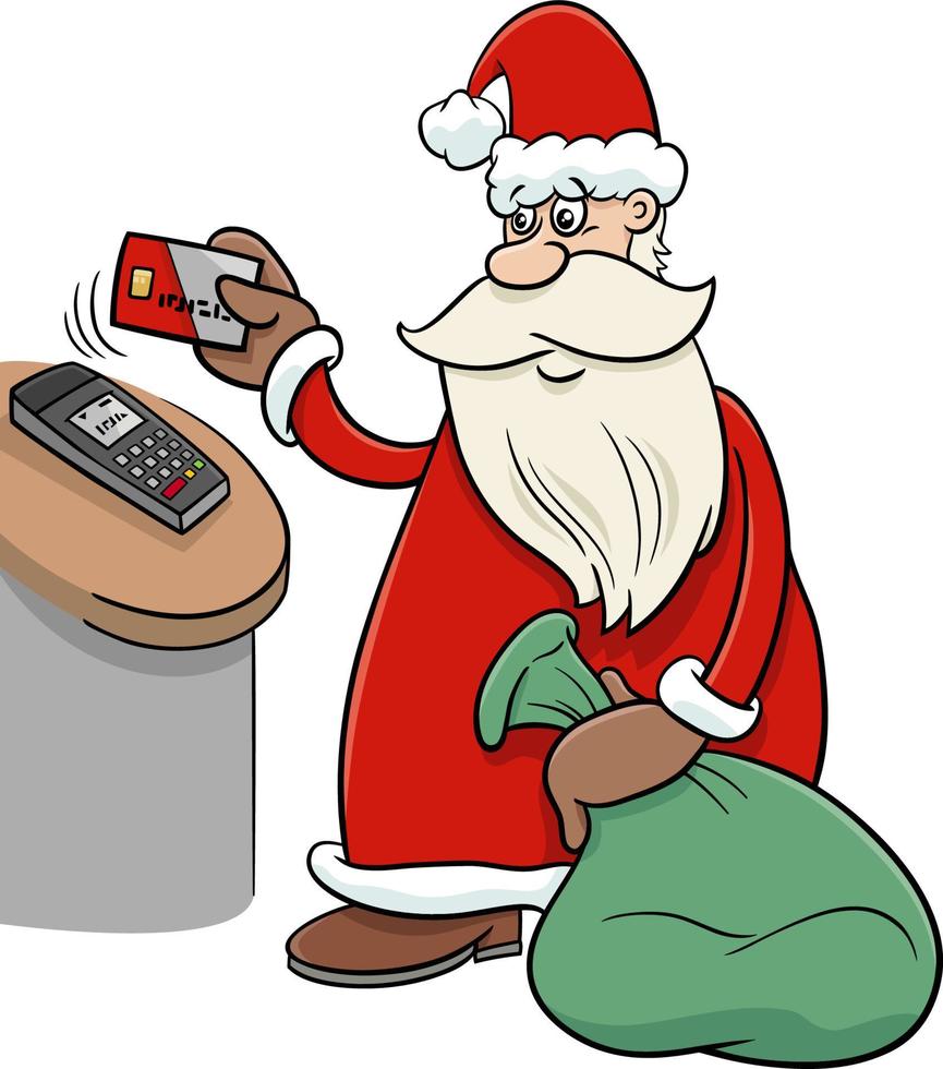 Cartoon-Weihnachtsmann, der für Weihnachtsgeschenke mit Karte bezahlt vektor