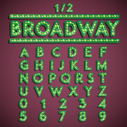 &quot;Broadway&quot; typsnitt med lampor, vektor illustration