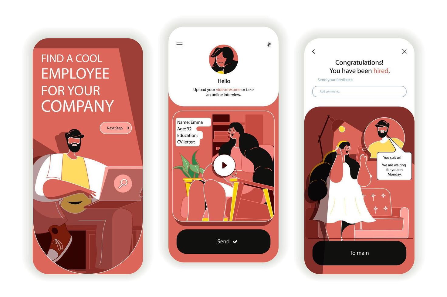 rekrytering begrepp onboarding skärmar. mänsklig Resurser, Sök för anställda för lediga platser, jobb intervjuer. ui, ux, gui användare gränssnitt utrustning med platt människor scen. illustration för webb design vektor