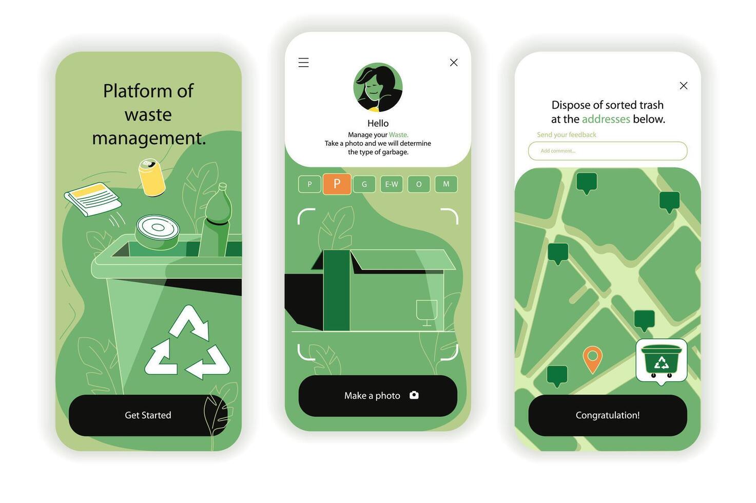 Abfall verwalten Konzept Onboarding Bildschirme. Trennung von anders Abfall, Recycling, Wiederverwendung und Logistik im App. ui, ux, gui Benutzer Schnittstelle Kit mit eben Menschen Szene. Illustration zum Netz Design vektor