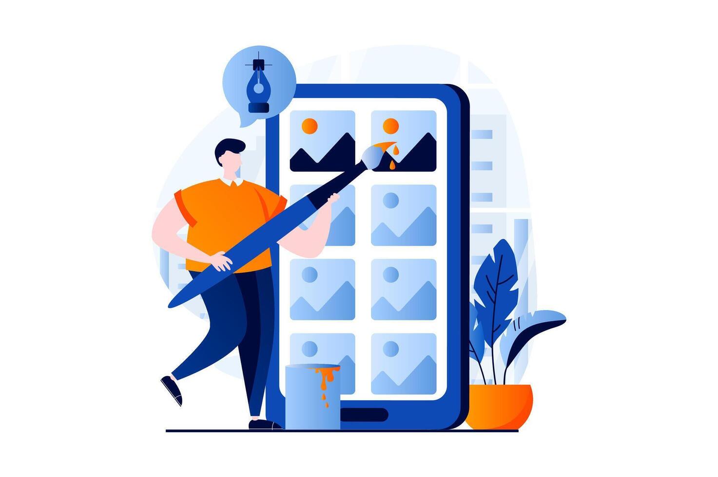 ui ux Design Konzept mit Menschen Szene im eben Karikatur Design. Mann Illustrator schafft Elemente zum Benutzer Schnittstelle, Zeichnung und Arbeiten mit Apps Layout. Illustration visuell Geschichte zum Netz vektor