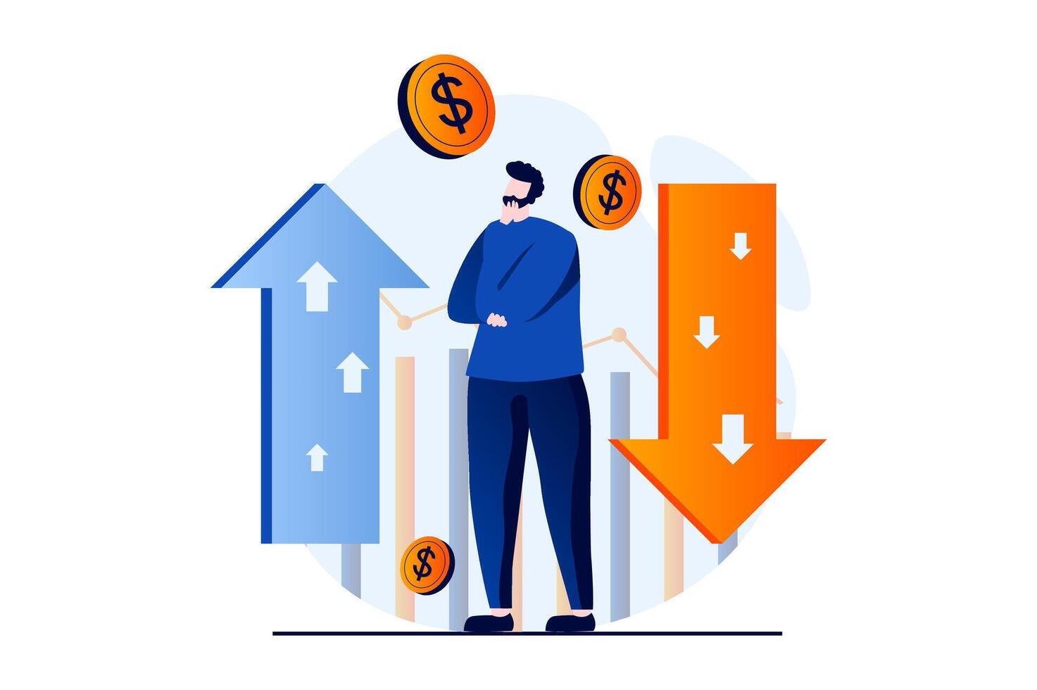 Lager Markt Konzept mit Menschen Szene im eben Karikatur Design. Mann Denken und Analyse Diagramm mit Pfeil mit anders Trends und Handel auf Lager Austausch. Illustration visuell Geschichte zum Netz vektor