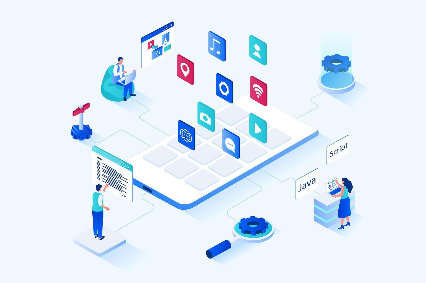 app utveckling 3d isometrisk webb design. människor skapa användare gränssnitt mall, plats Ansökan knappar på skärm, arbete med koder och program programvara för annorlunda enheter. webb illustration vektor