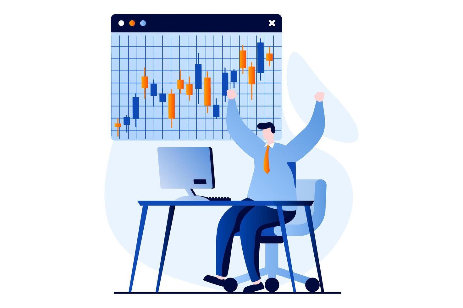 Lager Markt Konzept mit Menschen Szene im eben Karikatur Design. Mann funktioniert und handelt auf Lager Austausch, entwickelt ein Investition Portfolio und erhöht sich Einkommen. Illustration visuell Geschichte zum Netz vektor