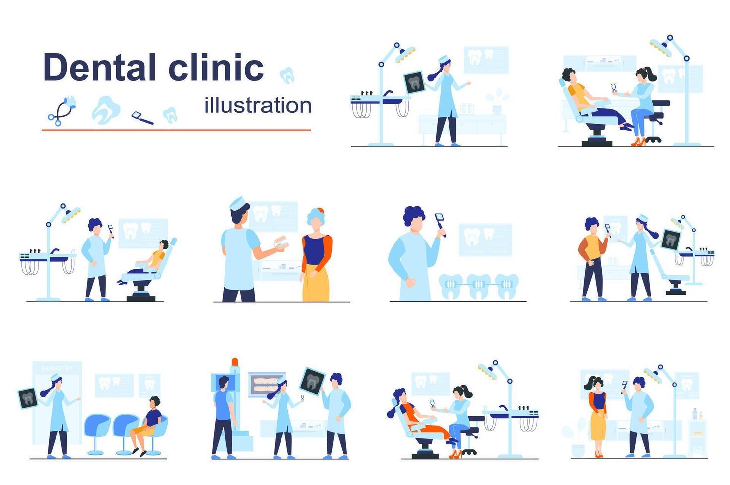 Dental Klinik Konzept Szenen SEO mit winzig Menschen im eben Design. Männer und Frauen Besuch Zahnarzt Büro zum Zahn Behandlung, Hygiene Verfahren. Illustration visuell Geschichten Sammlung zum Netz vektor