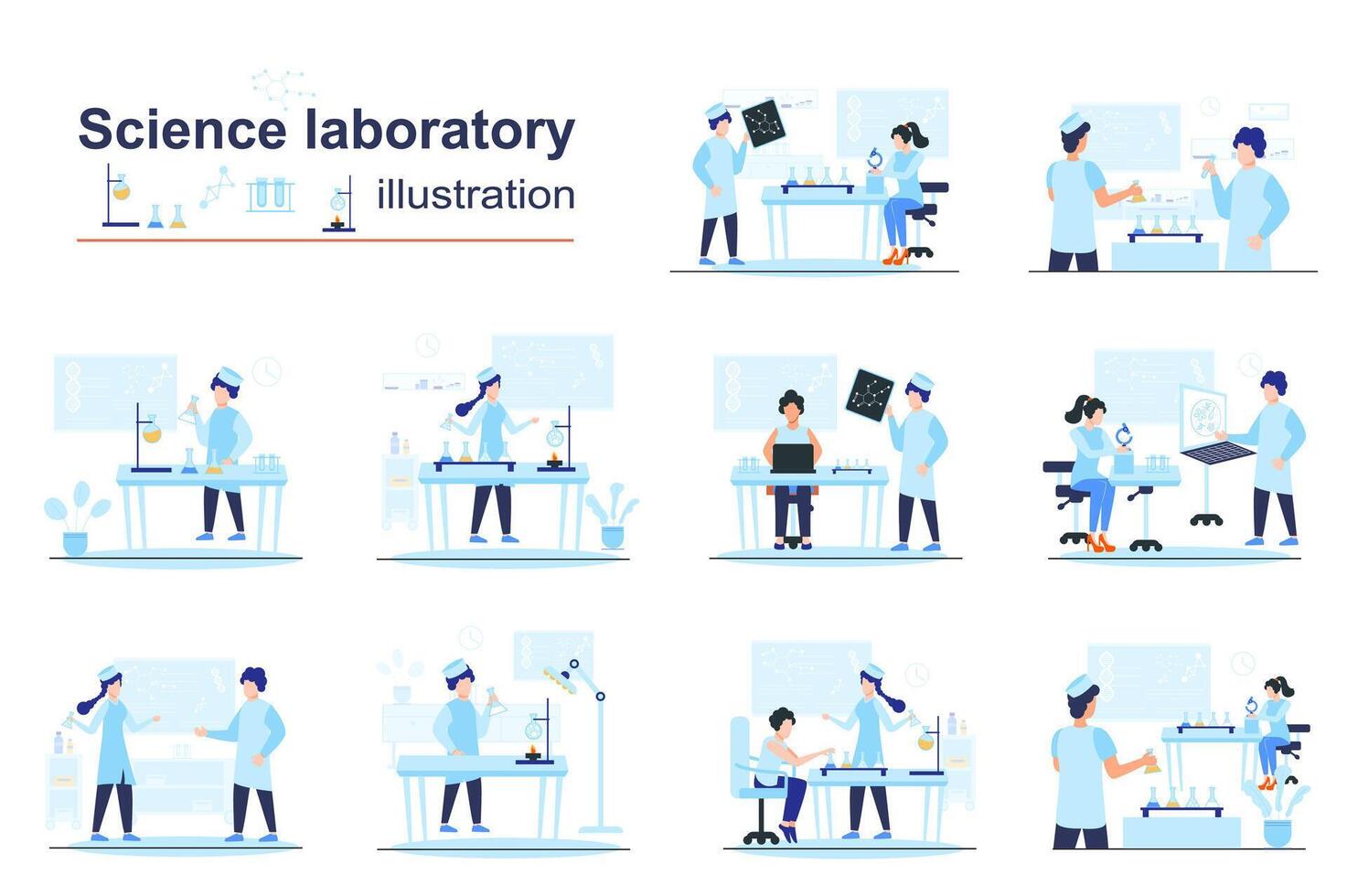 vetenskap laboratorium begrepp scener seo med mycket liten människor i platt design. män och kvinnor arbete på labb Utrustning, do tester och vetenskaplig upptäckter. illustration visuell berättelser samling för webb vektor