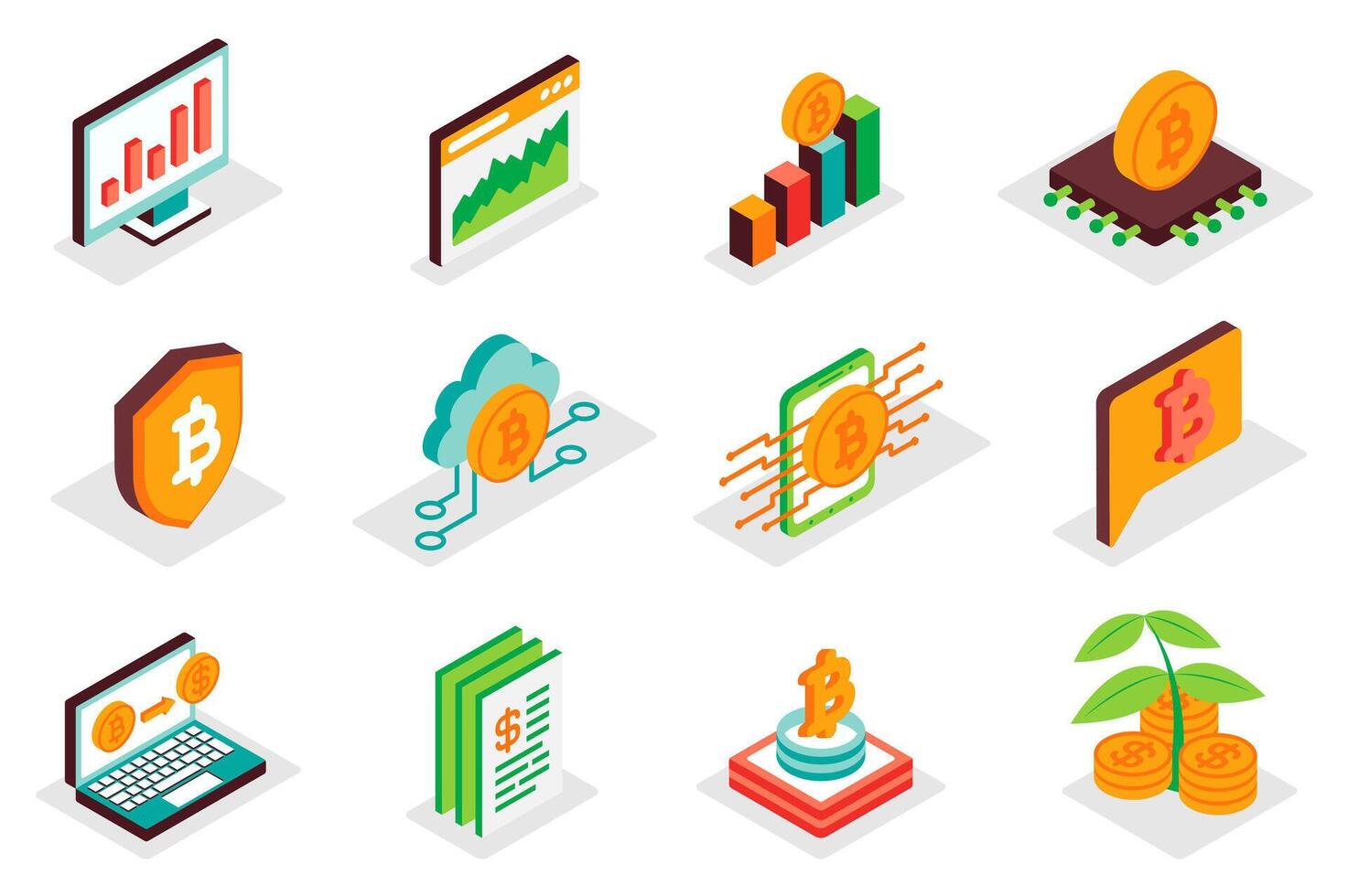 Kryptowährung Konzept 3d isometrisch Symbole Satz. Pack Isometrie Elemente von Bitcoin, Blockchain, Trends Analyse, Statistiken, Geld Austausch, Bergbau und andere. Illustration zum modern Netz Design vektor