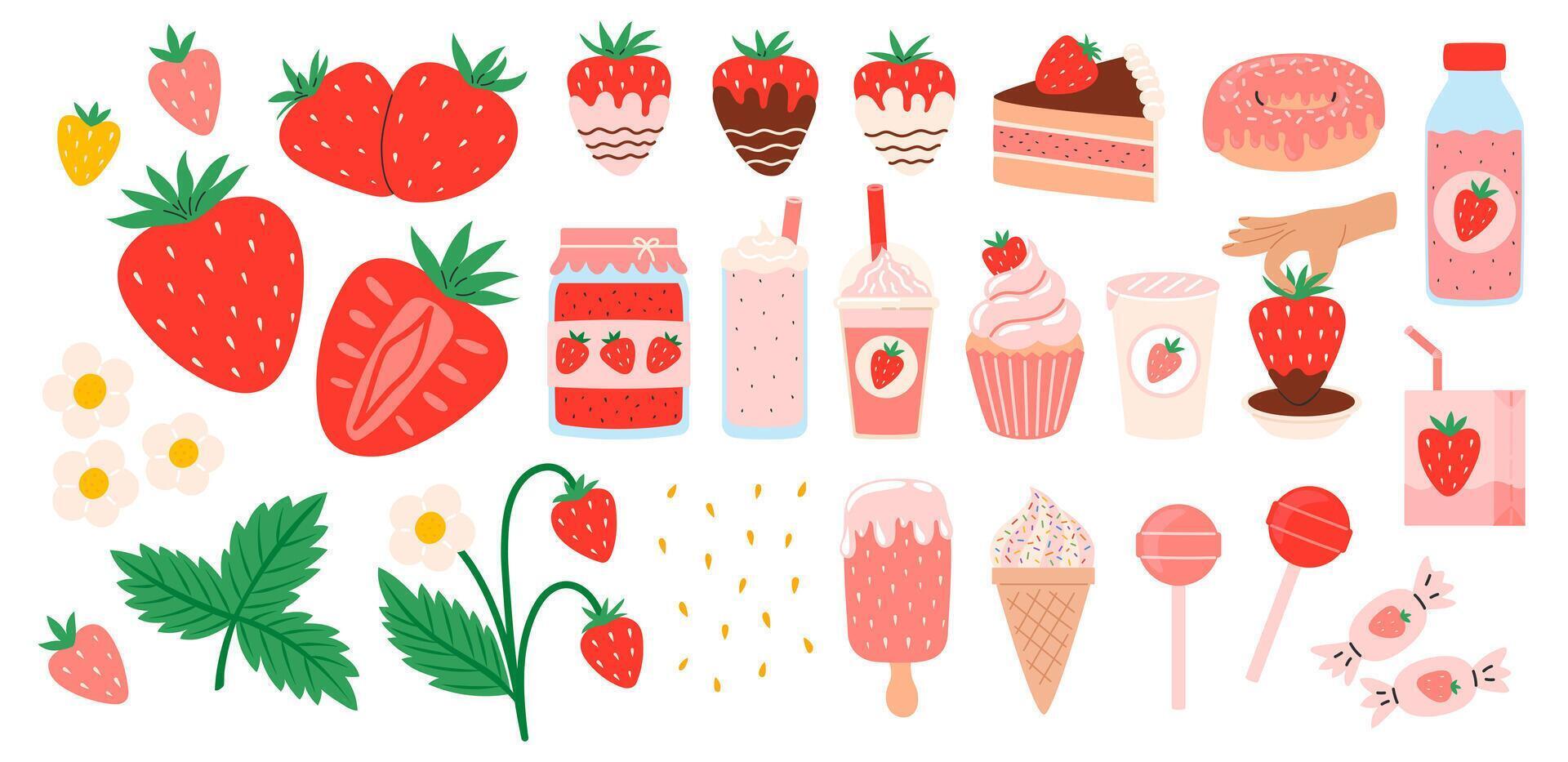 Erdbeere Satz. Sommer- erfrischend Getränke, Süßigkeiten und Nachspeisen mit Geschmack von Erdbeeren. Schokolade Erdbeere. Blumen, Blütenblätter, Erdbeeren. eben Illustration isoliert auf Weiß Hintergrund vektor