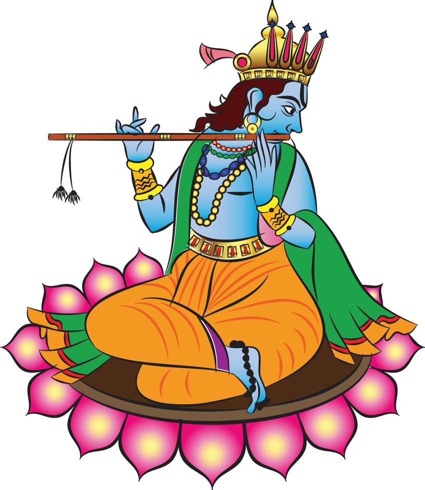 lord krishna och lord rama de hinduiska gudarna, och deras sevika eller tjänare som spelar flöjt. sitter på en lotusblomma. för textiltryck, logotyp, tapeter vektor