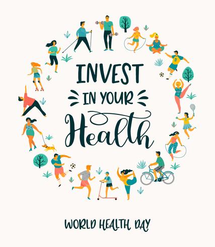 Menschen am Weltgesundheitstag führen einen aktiven, gesunden Lebensstil. vektor
