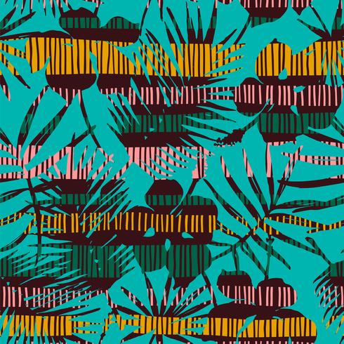 Abstrakt sömlöst mönster med tropiska löv. Hand rita textur. vektor