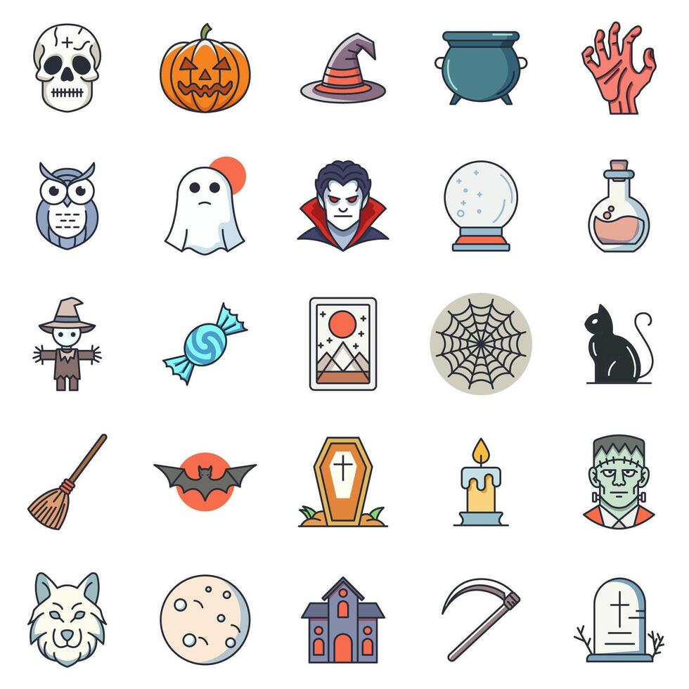 Halloween und Attribute Symbole Satz, inbegriffen Symbole wie Kürbis, Hexe, Vampir, Skelett und Mehr Symbole Sammlung, Logo isoliert Illustration vektor