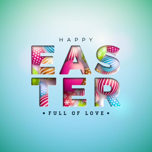 Glückliche Ostern-Illustration mit buntem gemaltem Ei im Ausschnitt-Buchstaben auf blauem Hintergrund vektor