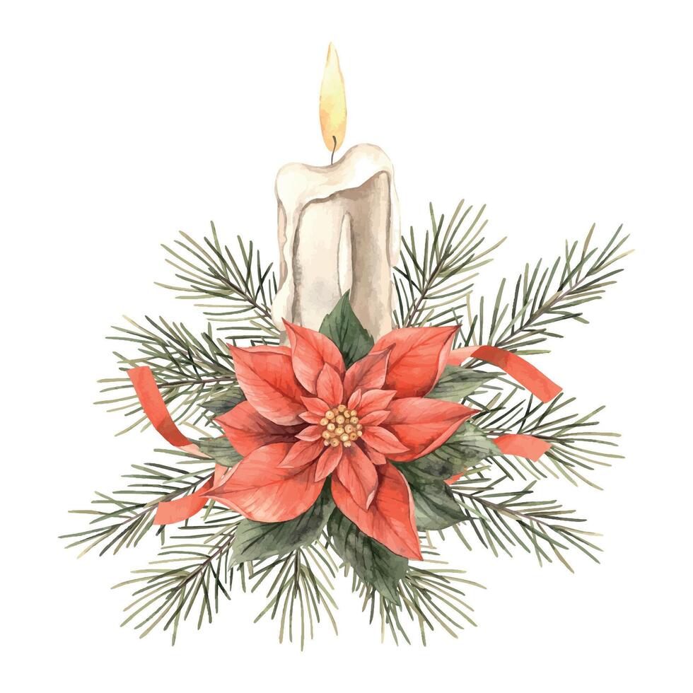 julstjärna, vax ljus, gran grenar och röd band. vattenfärg illustration i årgång stil på isolerat bakgrund. teckning för jul och ny år högtider, inbjudningar, kort, banderoller, dekor. vektor