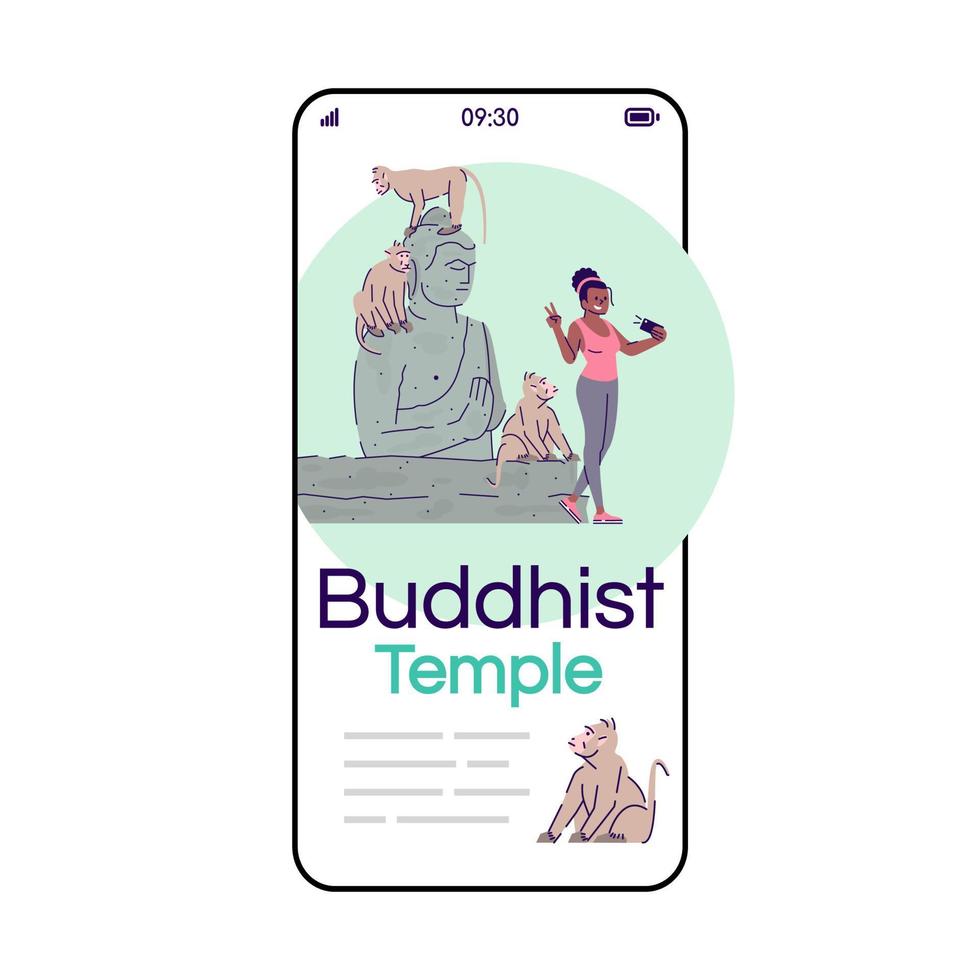 buddhistiska tempel tecknad smartphone vektor app skärm. bali resort. exotiskt land. indonesien turism. mobiltelefon display med platt karaktär design mockup. applikation telefon sött gränssnitt