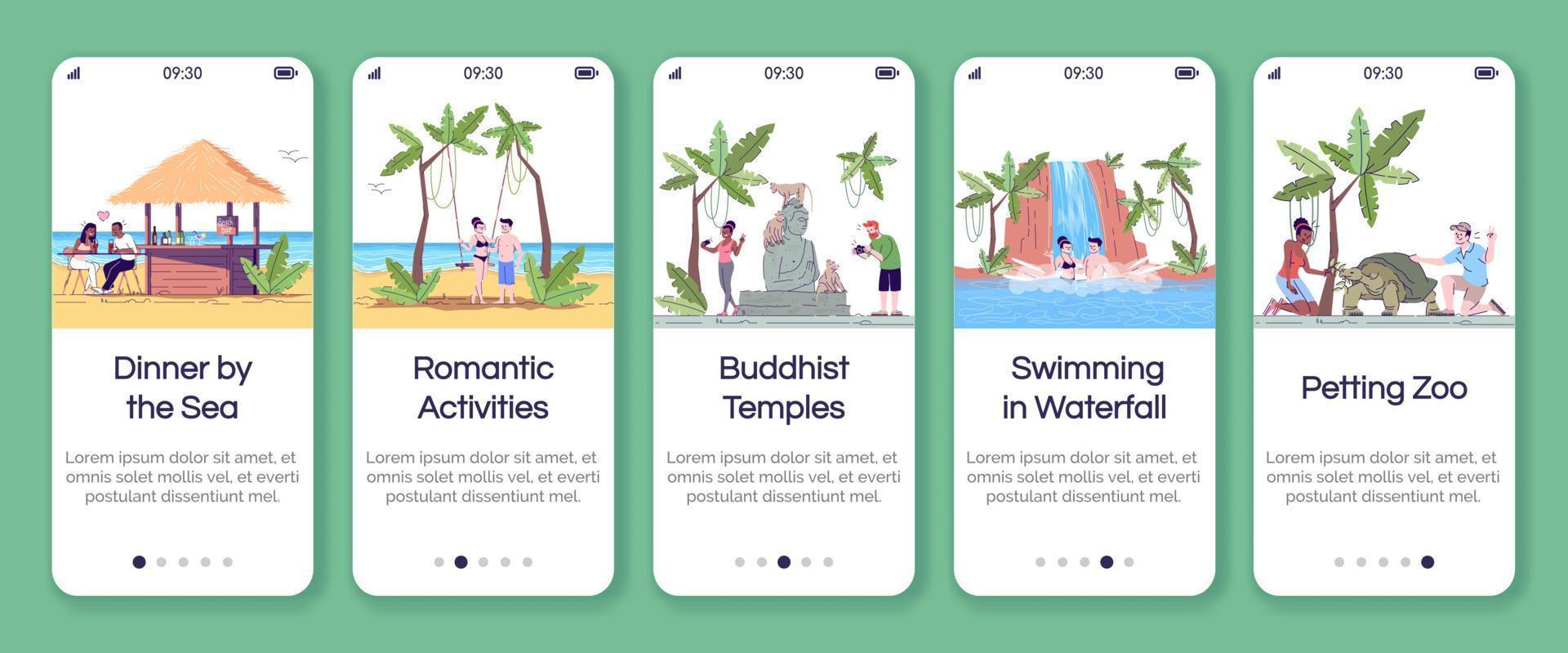 indonesien turism onboarding mobil app skärm vektor mall. tropiskt land. sightseeing. genomgång av webbplatssteg med platta tecken. ux, ui, gui smartphone tecknade gränssnittskoncept