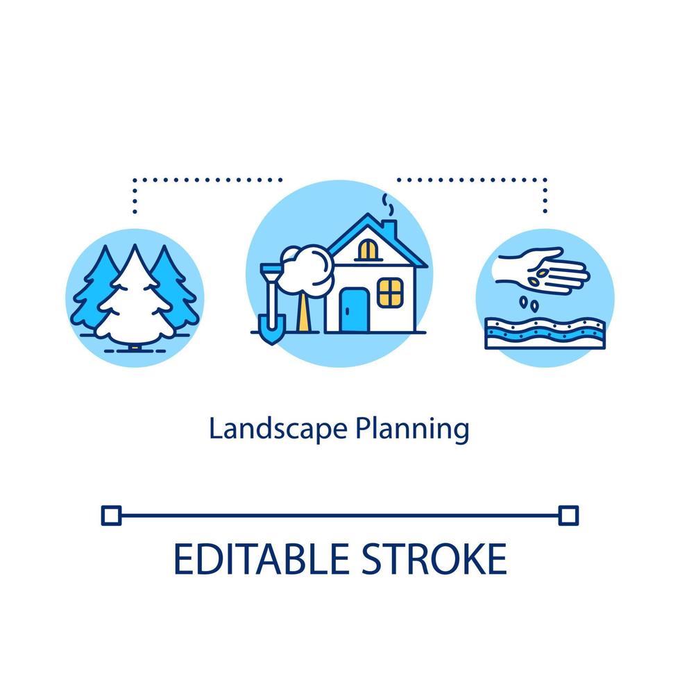 Symbol für das Konzept der Landschaftsplanung. Gartenarbeit und Hinterhof im Freien funktioniert Idee dünne Linie Illustration. Landschaftsarchitektur. Pflanzen wachsen. Vektor isoliert Umriss RGB-Farbzeichnung. bearbeitbarer Strich