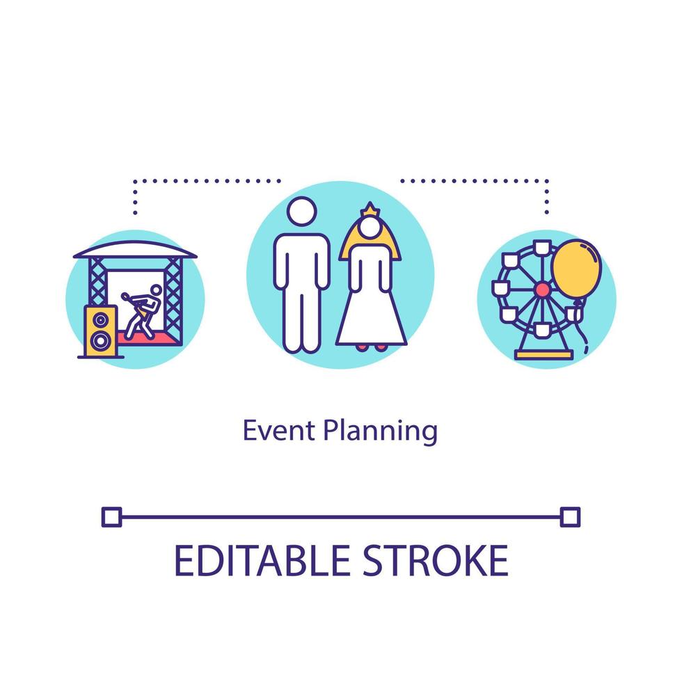 Symbol für das Event-Management-Konzept. besondere Anlässe Feier Planung Idee dünne Linie Illustration. Konzerte, Urlaubsgestaltung. Vektor isoliert Umriss RGB-Farbzeichnung. bearbeitbarer Strich