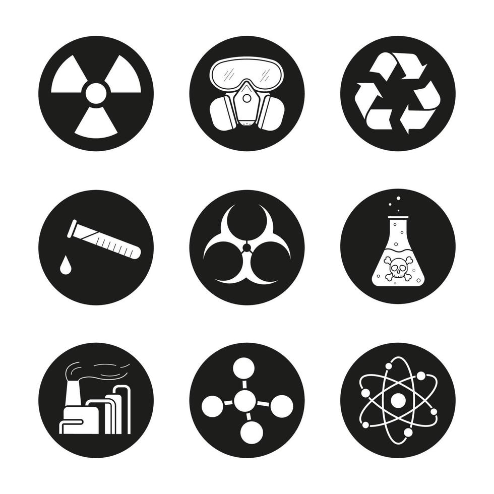 Symbole für die chemische Industrie festgelegt. Gasmaske, Recyclingsymbol, chemisches Reagenzglas, Giftgefahr, Fabrikverschmutzung. Biohazard-, Strahlungs- und Molekülsymbole. weiße Vektorgrafiken in schwarzen Kreisen vektor