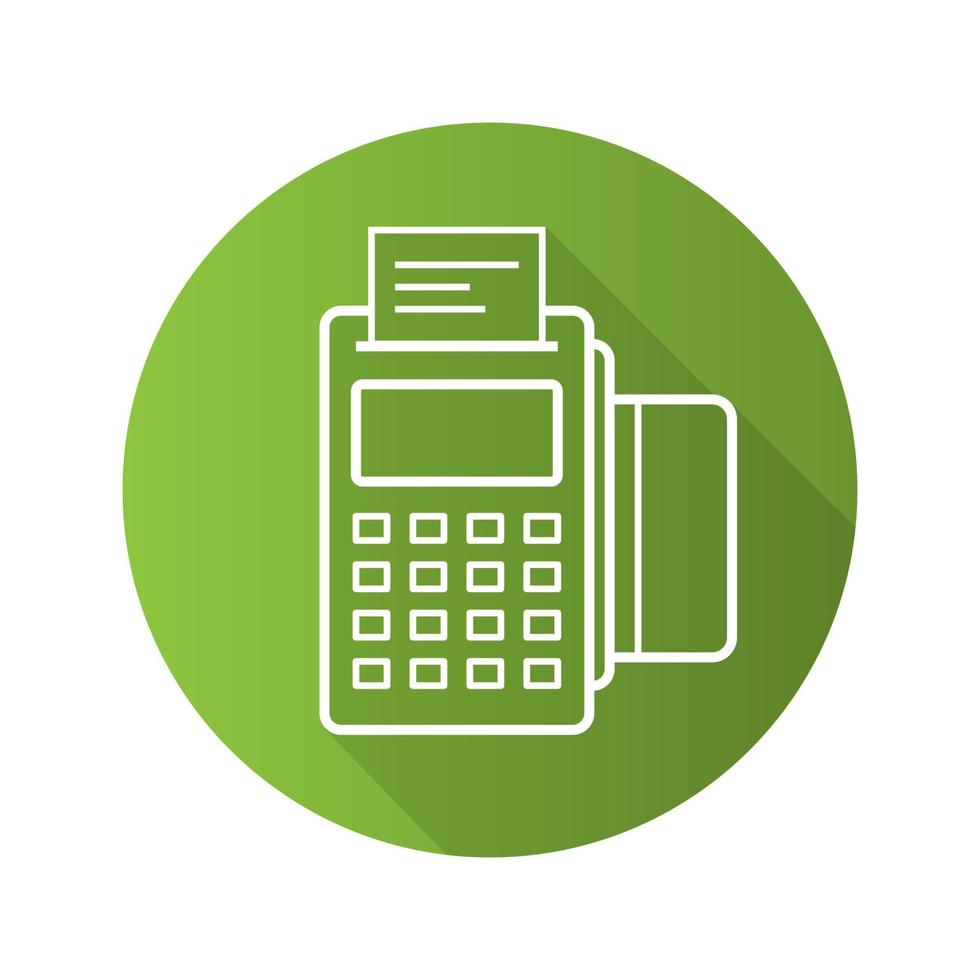 POS-Terminal flaches lineares langes Schattensymbol. Zahlungsterminal mit Kreditkarte und Scheck speichern. Vektorliniensymbol vektor