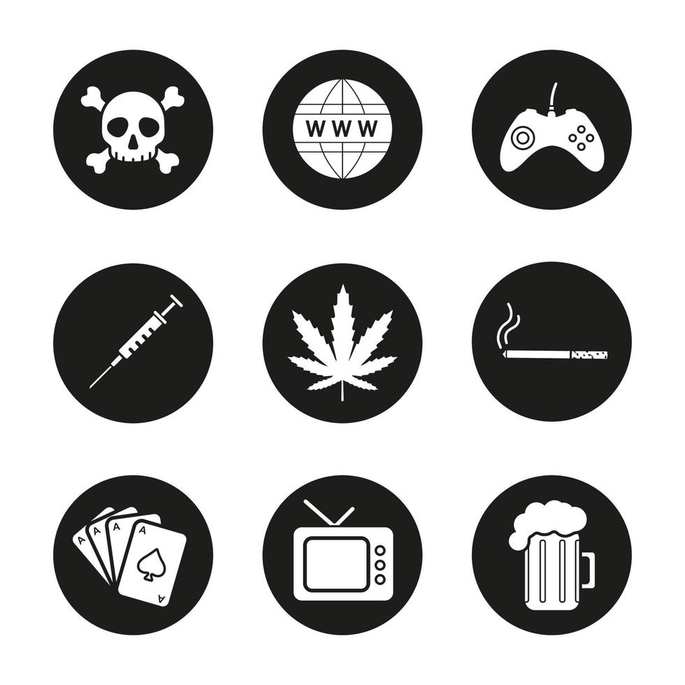 beroende och dåliga vanor ikoner set. crossbones, www, joypad, spruta, marijuanablad, cigarett, kortlek, tv, ölmugg. rökning, alkoholberoende. vektor vita illustrationer i svarta cirklar