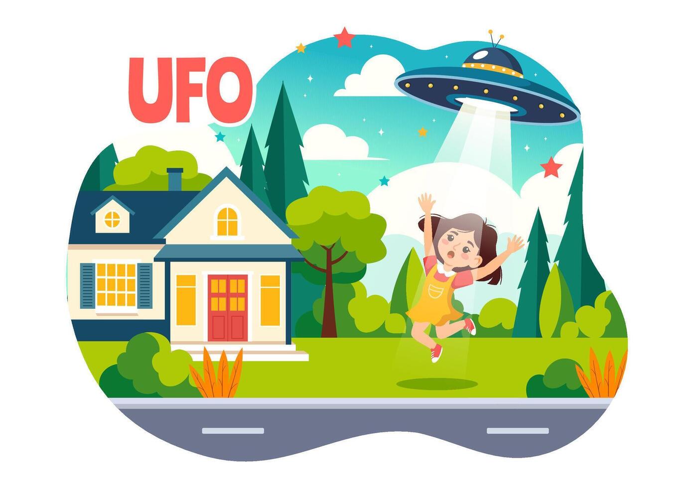 UFO fliegend Raumschiff Illustration mit Strahlen von Licht im Himmel Nacht Stadt Sicht, entführt Mensch und Außerirdischer im eben Kinder Karikatur Hintergrund Design vektor