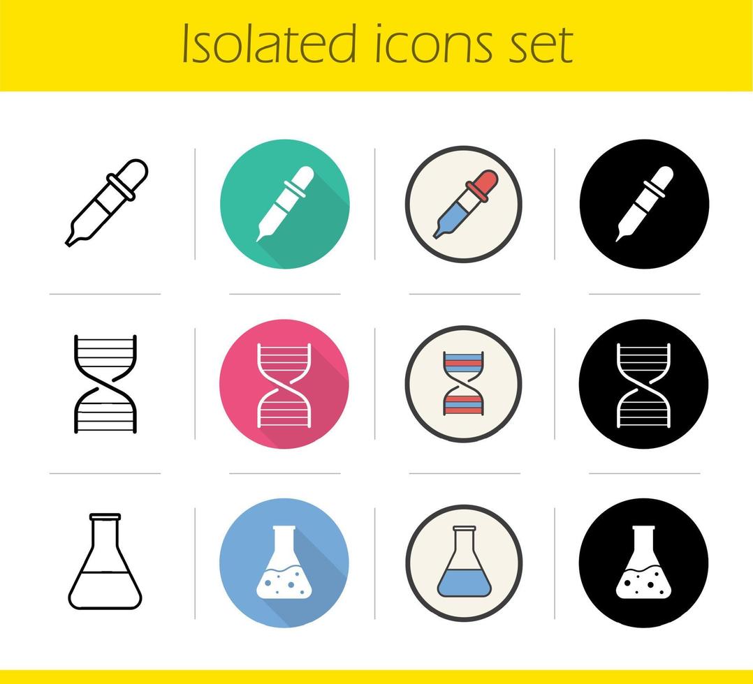 kemiska lab ikoner set. platt design, linjär, svart och färgstilar. vetenskaplig forskningsutrustning. medicinsk labbkolv med vätska, dna-spiral och dropper. isolerade vektorillustrationer vektor