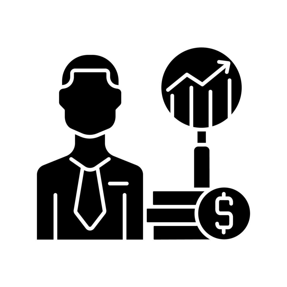 Finanzanalyst schwarzes Glyphensymbol. spezialisierte Unternehmensanalyse. Geschäftsentscheidungen leitender Experte. Investment- und Bankkarriere. Silhouette-Symbol auf Leerzeichen. isolierte Vektorgrafik vektor