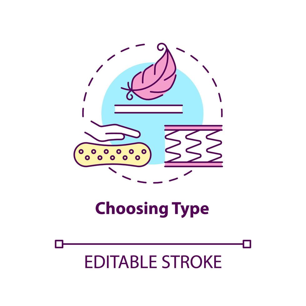 Auswahl des Typkonzeptsymbols. Matratzenmaterial abstrakte Idee dünne Linie Abbildung. bequemer Schlaf und Wirbelsäulengesundheit. orthopädisches Bett. Vektor isolierte Umriss-Farbzeichnung. bearbeitbarer Strich