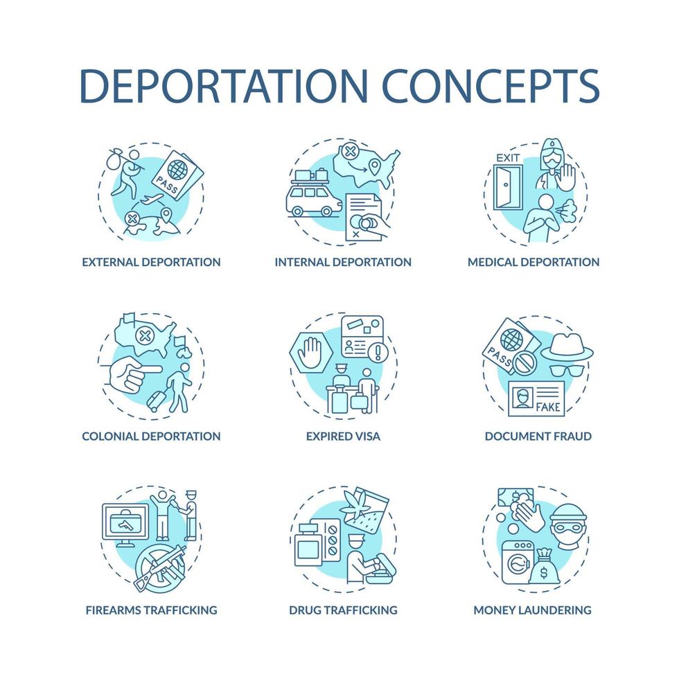 Abschiebung Konzept blaue Symbole gesetzt. Gründe für die offizielle Entfernung aus dem Land. abgelaufenes Visum. einwanderungsidee dünne linie farbillustrationen. Vektor isolierte Umrisszeichnungen. bearbeitbarer Strich