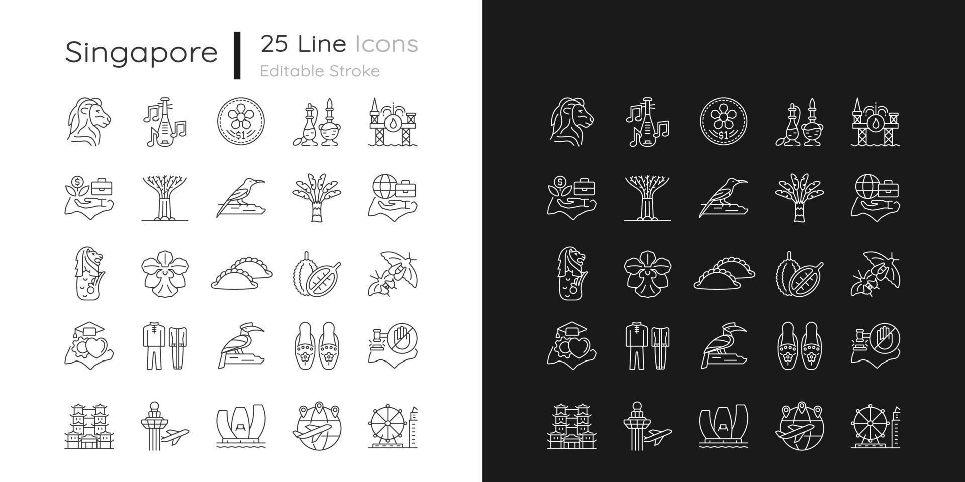 singapores nationella symboler linjära ikoner inställda för mörkt och ljust läge. turistattraktioner. bor i singapore. anpassningsbara tunna linjer symboler. isolerade vektor kontur illustrationer. redigerbar linje