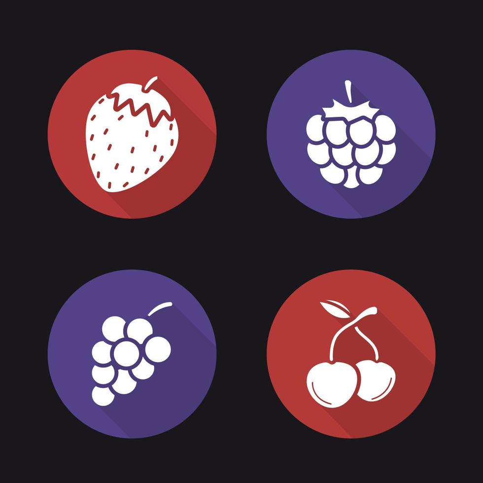 Beeren flaches Design lange Schatten Icons Set. Erdbeere, Himbeere, Weintraube, zwei Kirschen. Vektorsymbole vektor