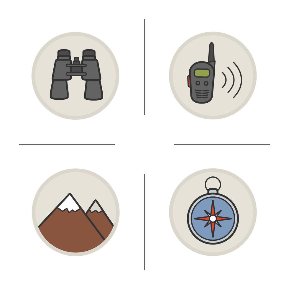 Campingausrüstung Farbsymbole gesetzt. Bergsteigen. Fernglas, Walkie-Talkie, Berge, Kompass. isolierte vektorillustrationen vektor