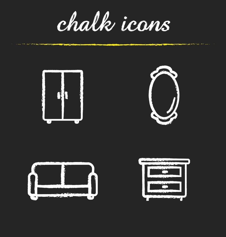 Zimmer-Innenkreide-Icons gesetzt. Couch, Wandspiegel, Schrank und Nachttisch. isolierte Vektortafelzeichnungen vektor