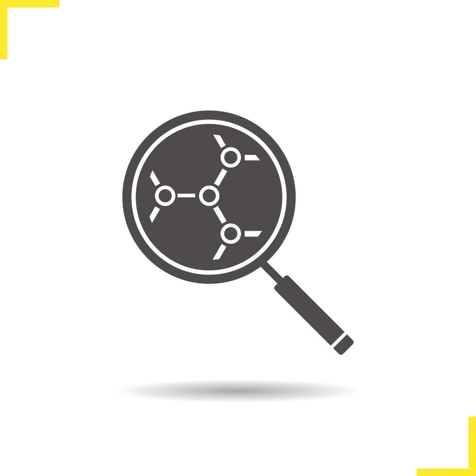 Symbol für die molekulare Strukturanalyse der Substanz. Schlagschatten-Business-Silhouette-Symbol. Segment-Interaktion. Lupe. negativen Raum. isolierte Vektorgrafik vektor