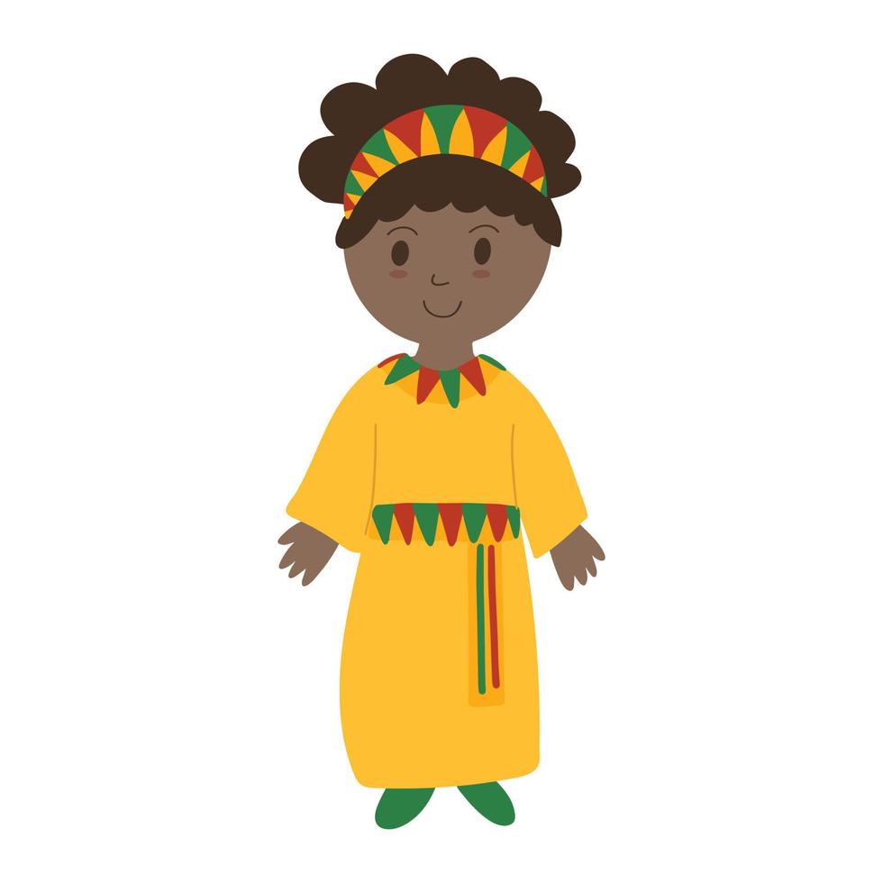 süßes kleines afroamerikanisches Mädchen in traditioneller afrikanischer Tracht in gelben, roten und grünen Farben. Charaktervektor-ClipArt für Kwanzaa, schwarzer Geschichtsmonat, juneteenth design vektor