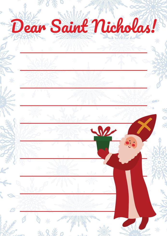 Sankt-Nikolaus-Brief-Vektor-leere Vorlage mit niedlicher Illustration von St. Nikolaus oder Sinterklaas. europäische Wintertradition. Geschenke bestellen druckbare Postnotiz. vektor