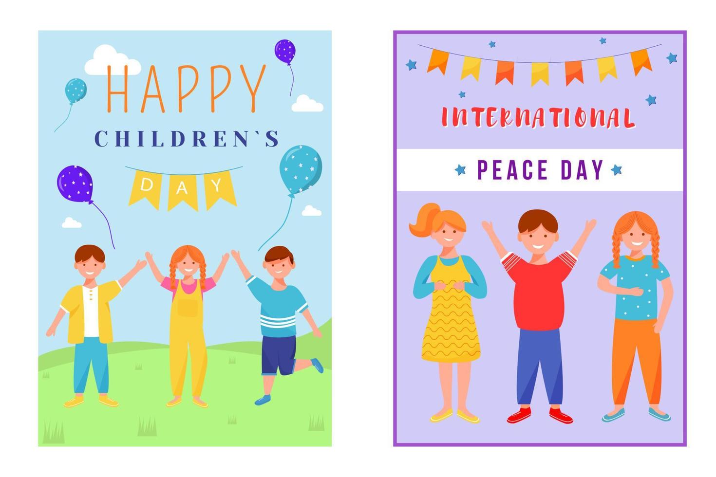 lycklig barns dag gratulationskort platt vektor mallar set. barn firar internationell fredsdag. pojke och flickor fest vykort design layout. affisch, banner med seriefigurer och bokstäver